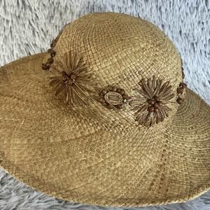 Scala Sun Hat‎ Bohemian Woven Floppy Wide Straw Wood Beads Brown Summer Beach OS